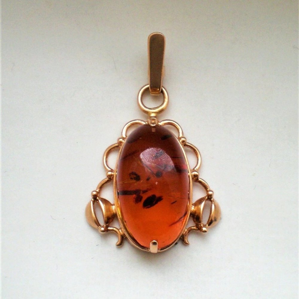 Vintage Russian Soviet USSR 14K 583 Rose Pink Gold Baltic Honey AMBER PENDANT
